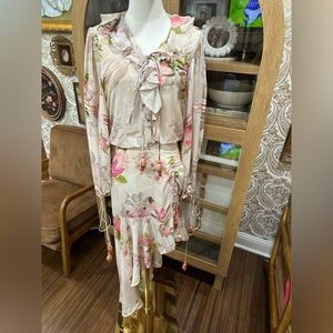 Rococo Sand 100% silk Floral Pink and Cream Dress size Large $686 BNWT